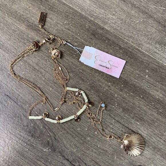 Jessica Simpson Multi-Layer Necklace Seashell Pendant Gold Tone Rhinestone - Picture 12 of 12